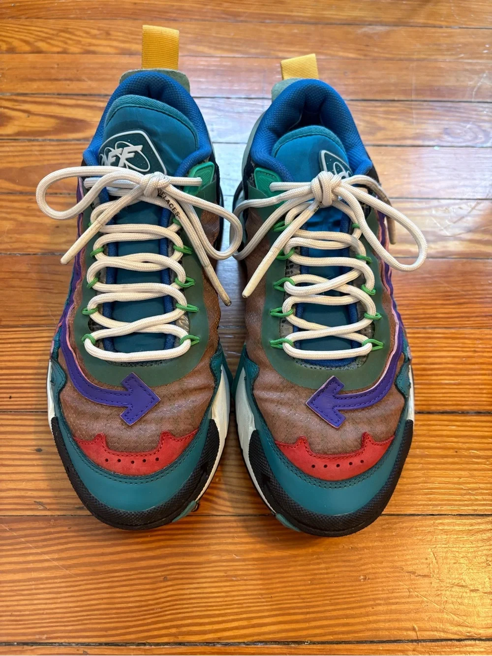 Off-White Odsy 2000 Colorblock Arrow Sneakers in Teal, Purple & Red